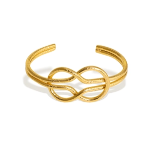 Minimalist 18K gold geometric knot cuff bracelet featuring a unique hammered texture finish