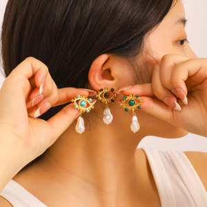 Vintage evil eye earrings with natural tiger eye, malachite, and baroque pearls