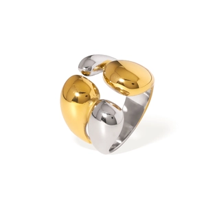Bague ouverte bicolore en acier inoxydable avec design géométrique en goutte d'eau