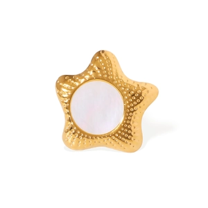 French style gold star open ring with white shell inlay and elegant pearl texture for women