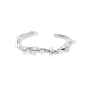Bracelet jonc ouvert en métal argenté irrégulier poli avec perles pour femmes