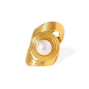 French style gold ring with wave texture, white pearl accent, and open design for women