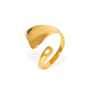 Polished gold geometric stainless steel open ring with fluid sculptural curved design