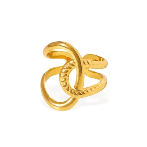 Gold intertwined twist ring with smooth and braided textures in a geometric design
