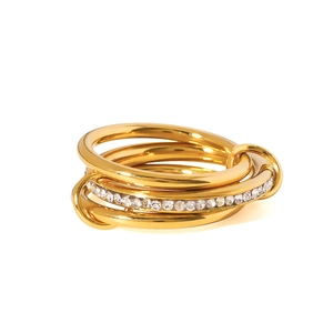 Three-layer interlocking gold stainless steel ring with micro-pave crystal rows