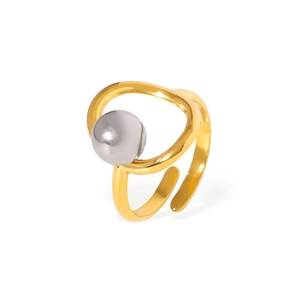 Minimalist 18K gold plated stainless steel open ring with silver bead geometric lines