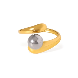 Minimalist 18K gold plated stainless steel open ring with a polished metallic sphere accent