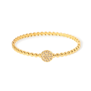 18K gold bead bracelet with crystal paved circular disk on a clean white background