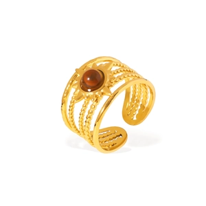 Gold open ring with striped bands and center sunburst motif featuring a brown tiger eye stone