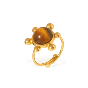 Golden striped stainless steel ring featuring a natural tiger eye stone bead centerpiece