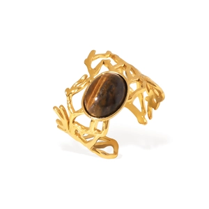 Artistic gold striped ring with natural tiger eye stone in coral branch design