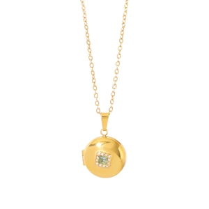 Collier médaillon vintage doré avec pierre verte et cristaux blancs élégants