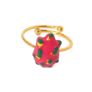 Gold-plated stainless steel open ring with a vibrant dragon fruit enamel design