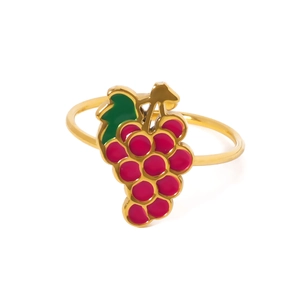 Gold plated open ring with purple enamel grape design and green leaf details