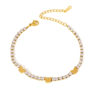 Gold-plated stainless steel tennis bracelet with zircon butterfly charms and lobster clasp
