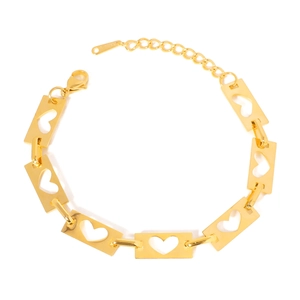 Gold stainless steel bracelet with hollow heart charms and adjustable lobster clasp chain