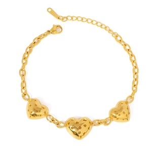 Gold stainless steel link bracelet with hollow heart charms and adjustable lobster clasp