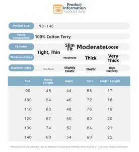 Detailed size chart for children's cotton sweatpants with measurements and fabric info