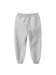Classic grey boys joggers with elastic waist and ribbed cuffs on white background