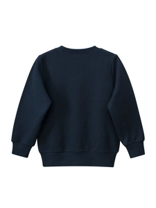 Navy blue children's crewneck sweatshirt with ribbed cuffs and hem, rear view display