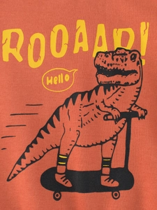 Felpa per bambini in cotone arancione con dinosauro su monopattino e stampa roar