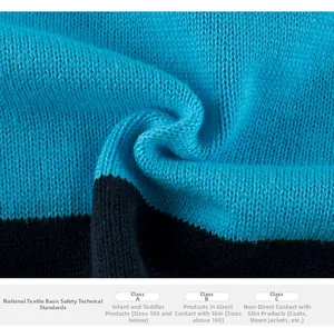 Détail du pull en tricot bleu paon et noir avec étiquette de sécurité de classe A conforme