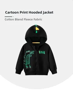 Detail of fleece lining and dinosaur spine design on kids hooded zip-up jacket