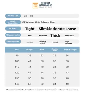Detailed size chart for kids zip hooded jacket showing measurements from size 90 to 140
