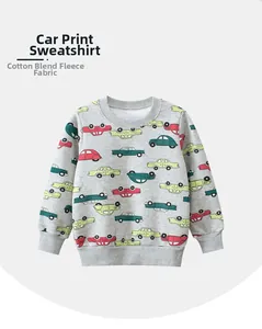 Detail of gray toddler sweatshirt featuring vintage car prints and fleece cotton blend fabric