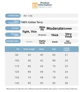 Detailed size chart for children's cotton sweatpants with measurements from size 90 to 140