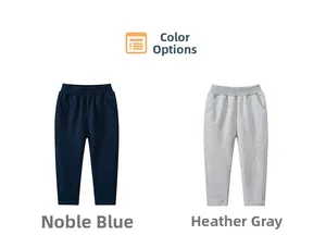 Detail view of cotton kids sports pants in navy blue and light grey with elastic waistband