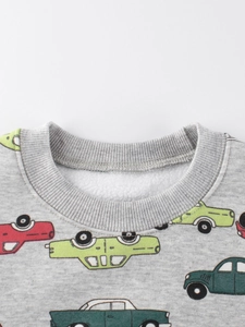 Kids grey fleece sweatshirt with colorful retro car prints and ribbed crew neck design