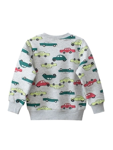 Kids grey fleece sweatshirt with colorful cartoon car pattern and ribbed cuffs
