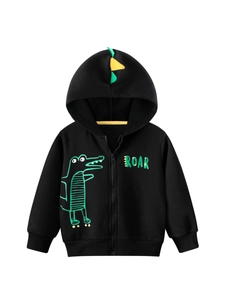 Boys Dinosaur Fleece Hoodie Zip Up Jacket Long Sleeve Winter Casual Cartoon Outerwear Warm Black Cotton Blend