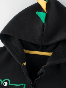 Kids black zip-up hoodie with dinosaur 3D spikes and warm fleece lining