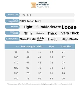 Size chart and fabric details for children's cotton sports pants from size 90 to 140