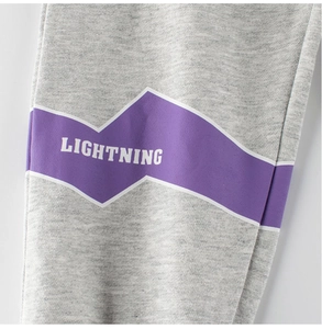 Detail view of heather gray knit fabric with purple lightning print on boys joggers