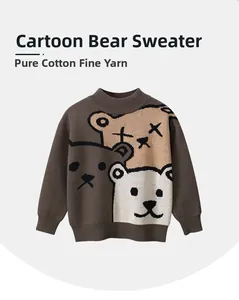 Close-up of three stacked cartoon bears on a brown cotton knit sweater for kids