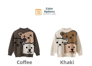 Detail of coffee and khaki kids' knit sweaters featuring triple cartoon bear prints