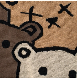 Close-up of brown bear pattern on thick jacquard knit fabric for children's sweater