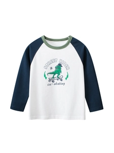 Maglietta a Maniche Lunghe Raglan da Ragazzo 100% Cotone Stampa Cartone Animato Dinosauro Skateboard Girocollo Top