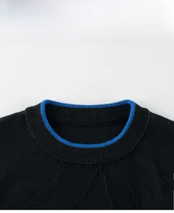 Detailansicht des schwarzen Strickpullovers mit blauem Kontrastkragen und 3D-Texturmuster