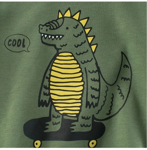 Detalle de la sudadera verde para niños con diseño de dinosaurio en monopatín