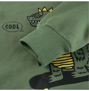 Detalle de sudadera verde para niños con puño acanalado y estampado de dinosaurio