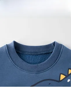 Nahaufnahme des blauen Sweatshirts mit Rippbündchen und dickem Fleece-Futter mit Dinosaurier