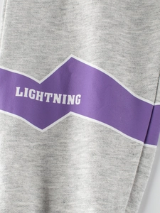 Kids grey knitted sports pants featuring a purple lightning graphic print detail