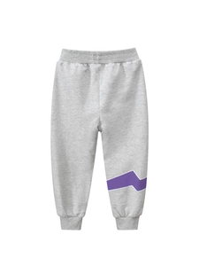 Kids light grey cotton joggers with purple zigzag print and ribbed cuffs at the bottom