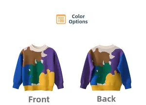 Front and back detail of kids color-block knit sweater with vibrant geometric patchwork