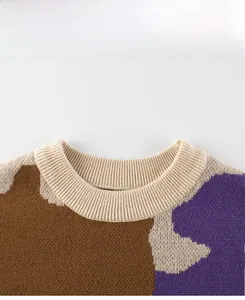 Detail of round neck sweater with ribbed collar and knit color block pattern