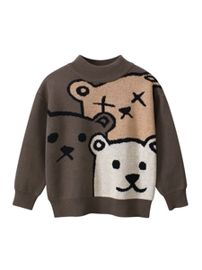 Brown long-sleeved knit sweater for children featuring three cute cartoon bear heads